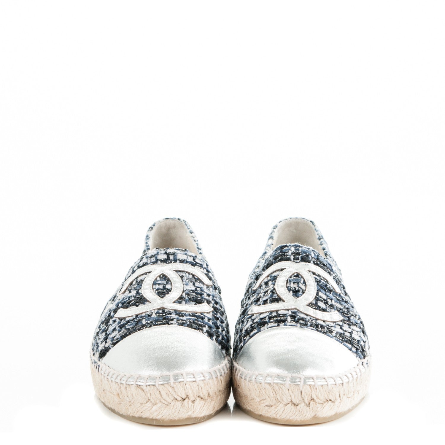 Chanel Metallic Tweed Patent CC Espadrilles 37 Blue Black Silver 2 of 8