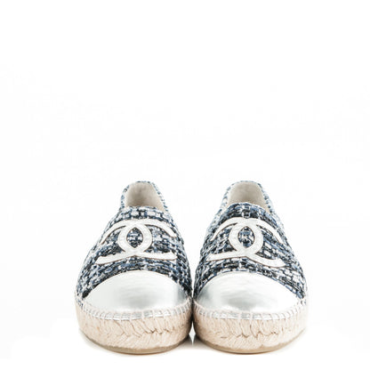 Chanel Metallic Tweed Patent CC Espadrilles 37 Blue Black Silver 2 of 8