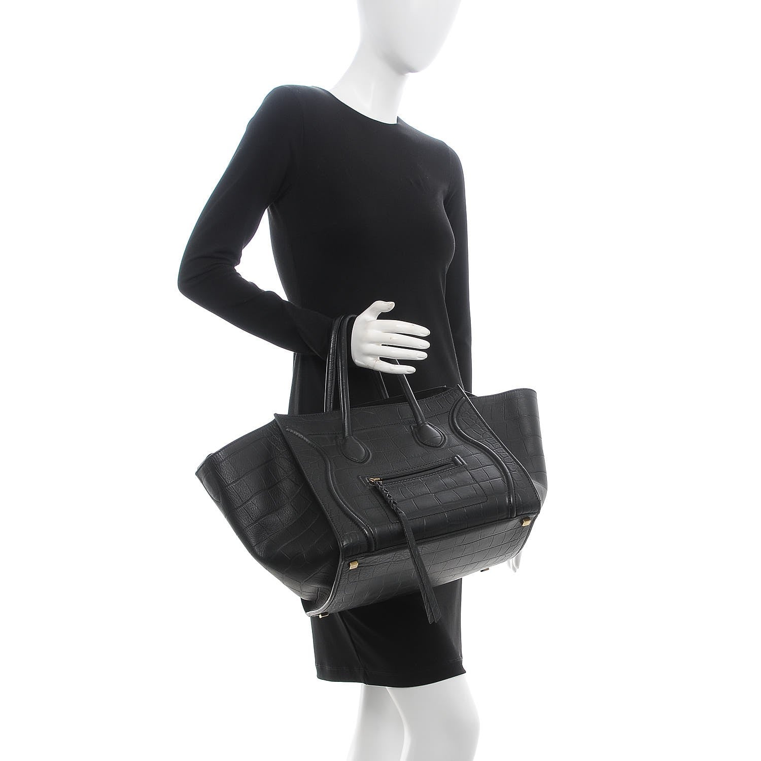 Celine Crocodile Embossed Calfskin Medium Phantom Luggage Black 2 of 8