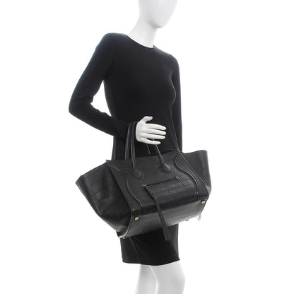 Celine Crocodile Embossed Calfskin Medium Phantom Luggage Black 2 of 8