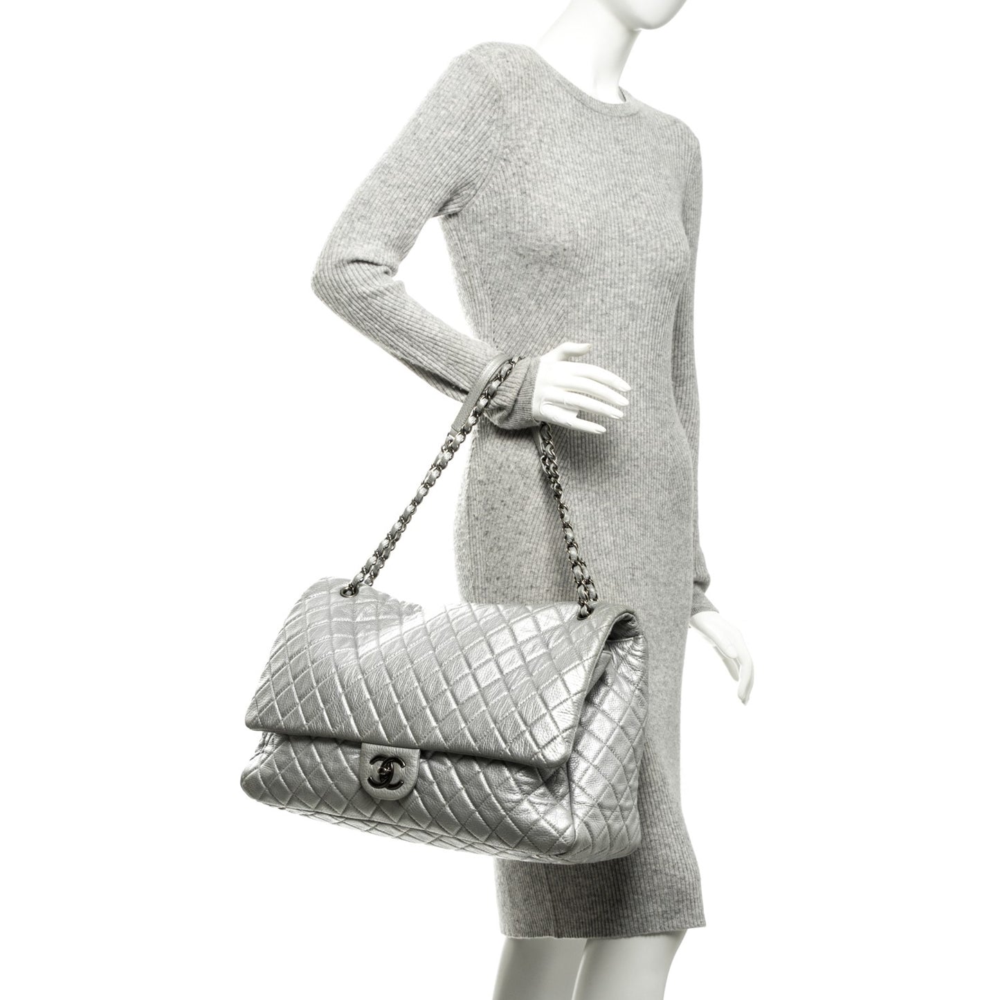 Metallic Calfskin XXL Travel Flap Bag Silver