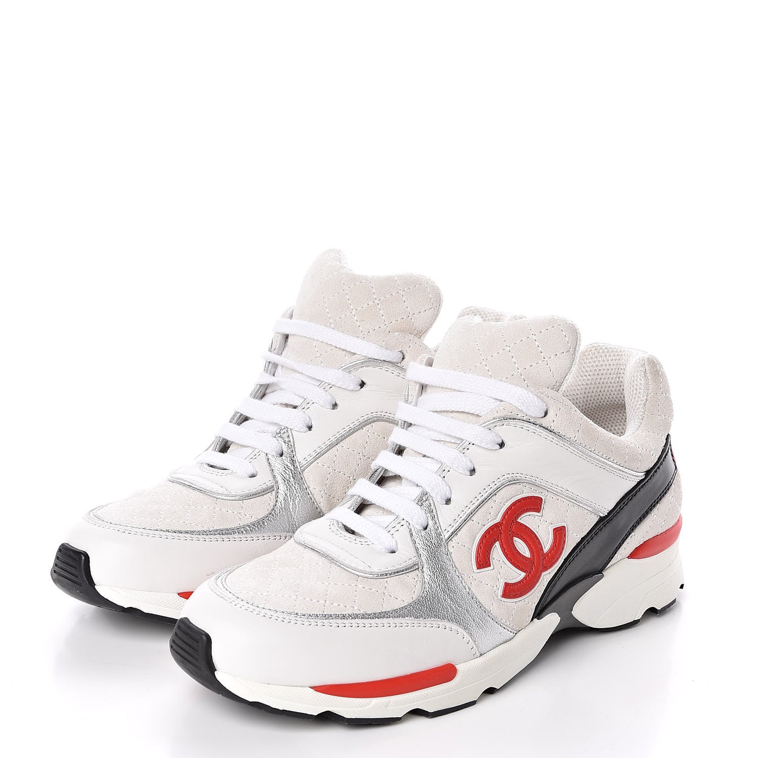 Chanel Suede Quilted CC Sneakers 38.5 Black White Red 3 of 8