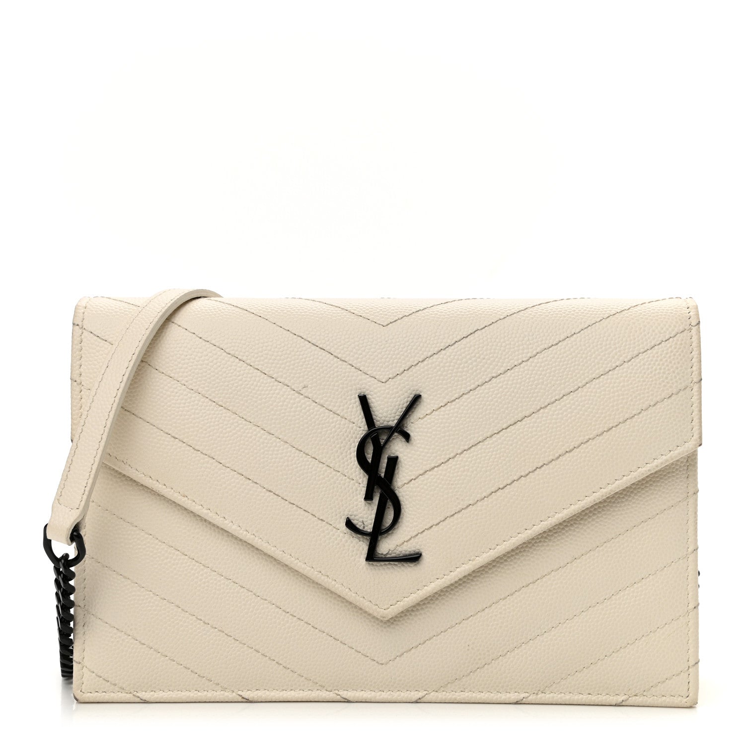 Saint Laurent Grain De Poudre Matelasse Chevron Monogram Envelope Chain Wallet Dove White 1 of 22