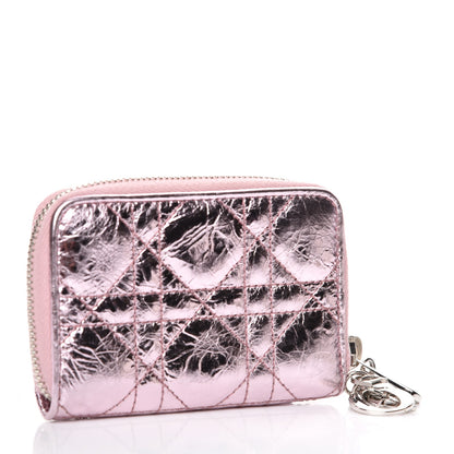 Christian Dior Metallic Calfskin Cannage Mini Lady Dior Zip Portemonnaie Pink 3 of 7