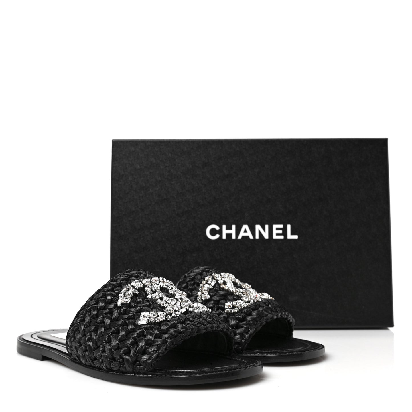 Raffia Crystal CC Mules Sandals 38.5 Black