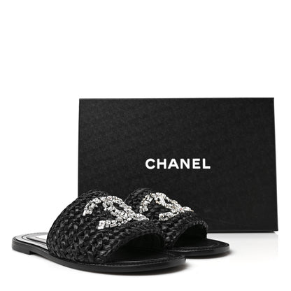 Chanel Raffia Crystal CC Mules Sandals 38.5 Black 9 of 9