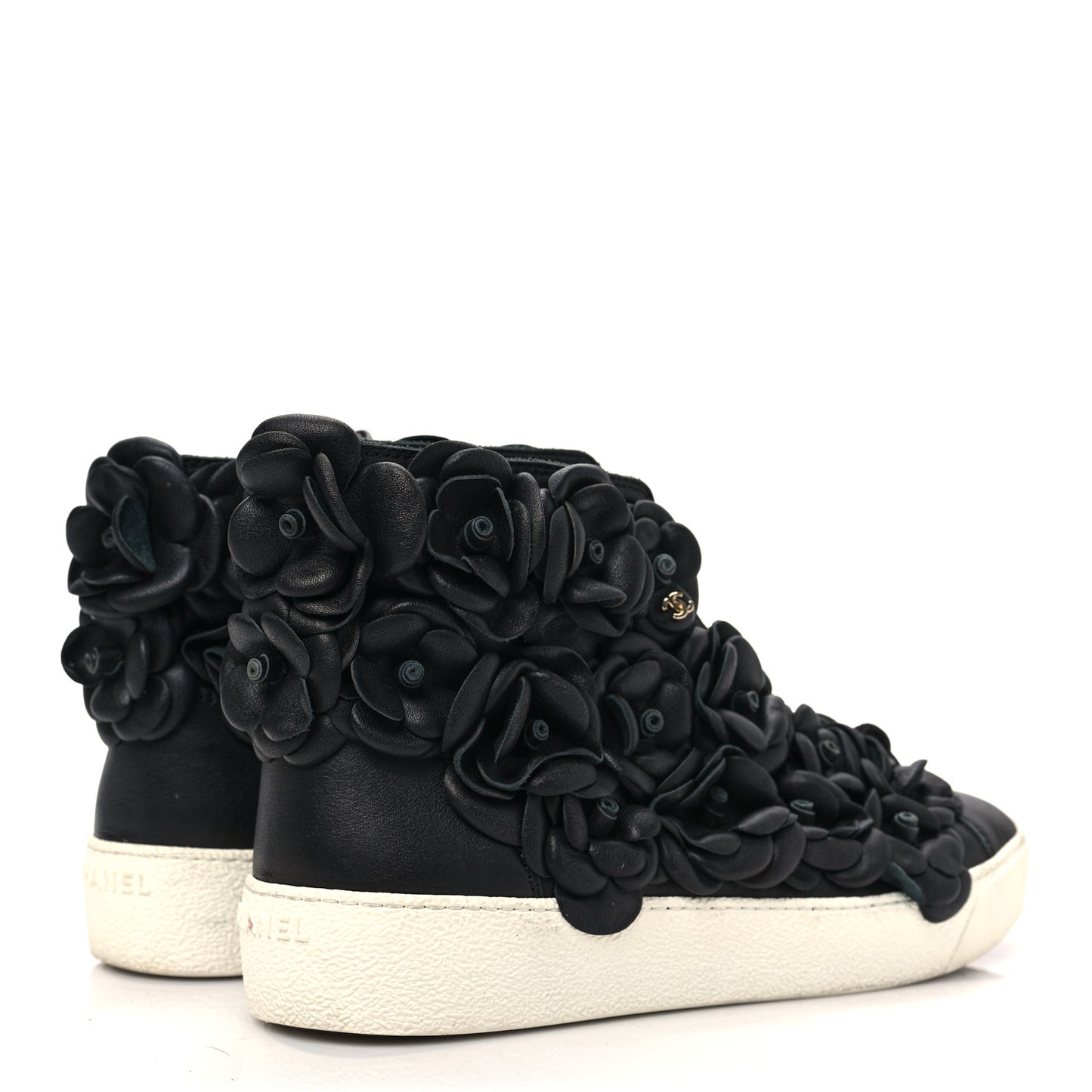 Calfskin Camellia High Top Sneakers 37 Black