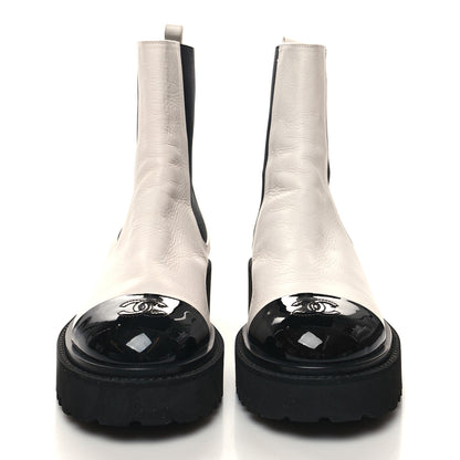Chanel Patent Calfskin Cap Toe CC Ankle Boots 40 White Black 2 of 9
