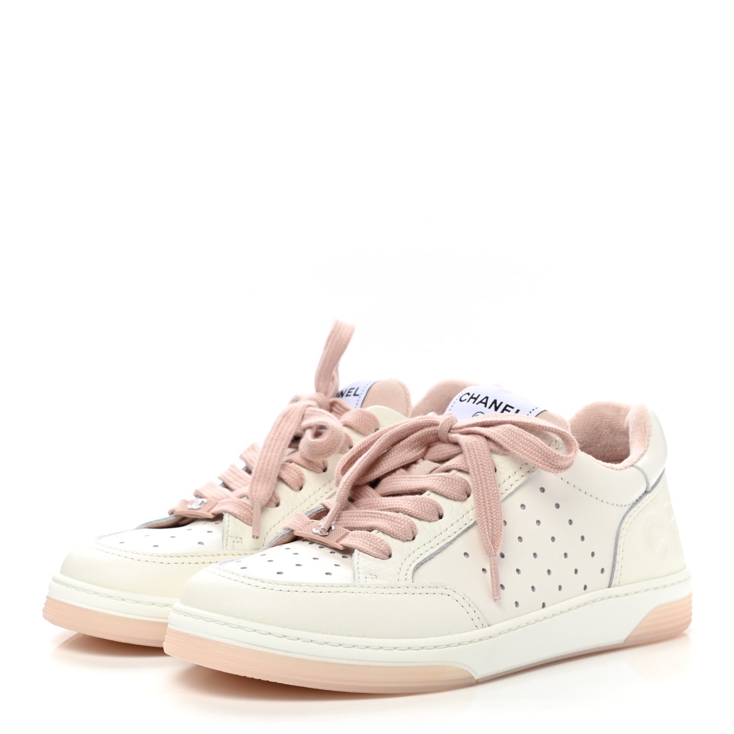 Grained Calfskin Fabric Womens Logo Sneakers 37.5 White Light Pink