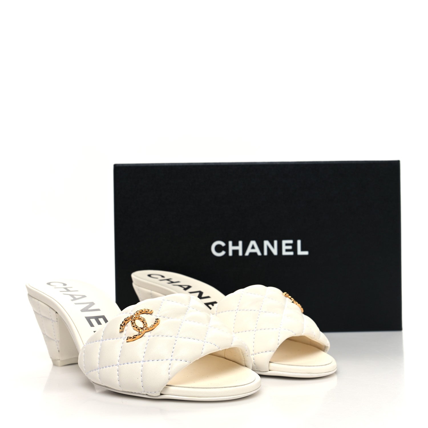 Chanel Lambskin Quilted Textured CC Mules 38 White 8 of 8