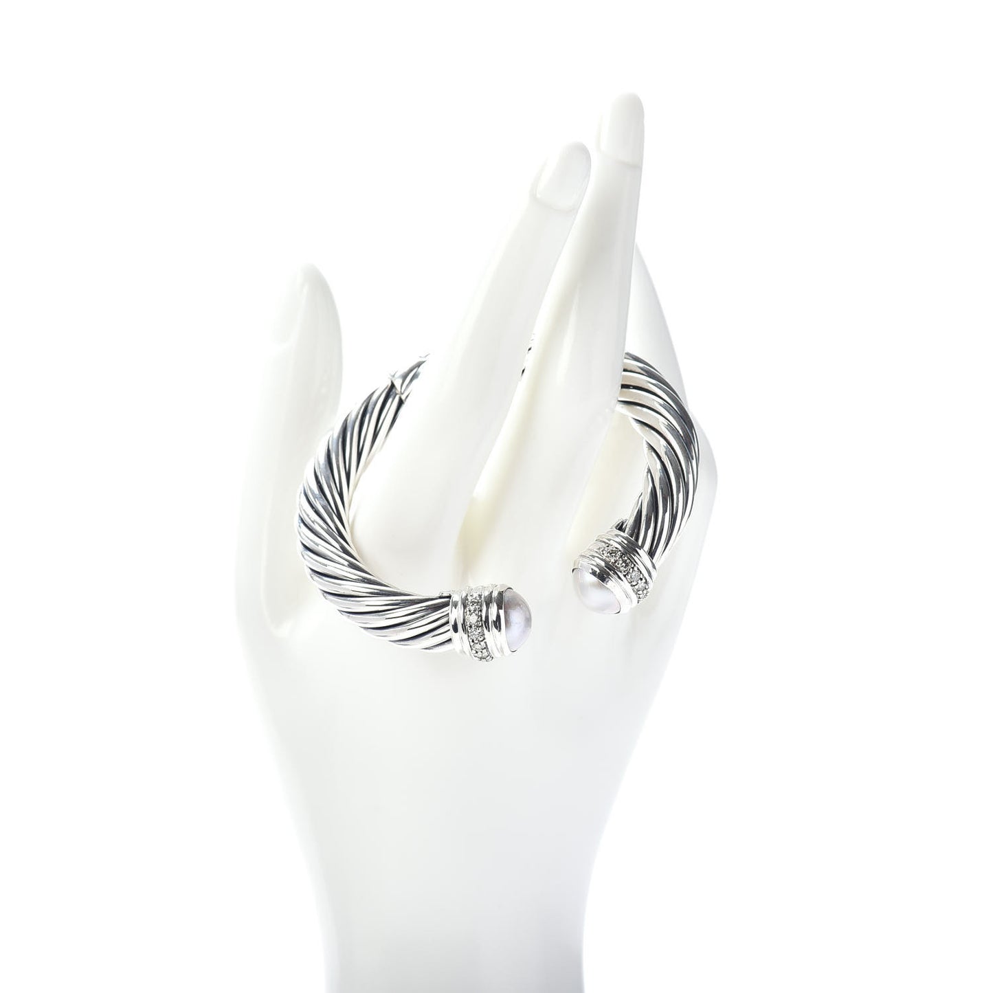 Sterling Silver Pearl Diamond 10mm Cable Classics Hinged Bracelet