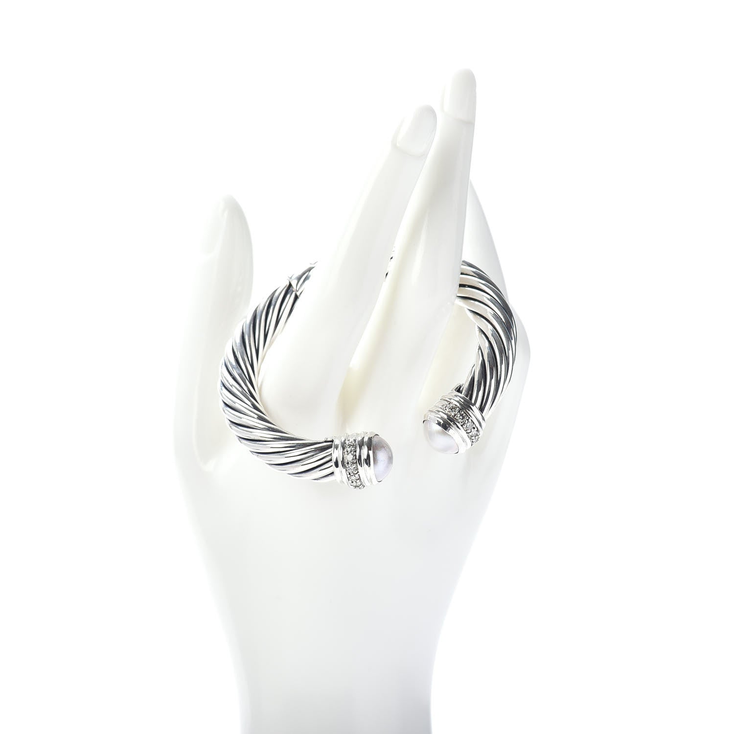 David Yurman Sterling Silver Pearl Diamond 10mm Cable Classics Hinged Bracelet 2 of 4