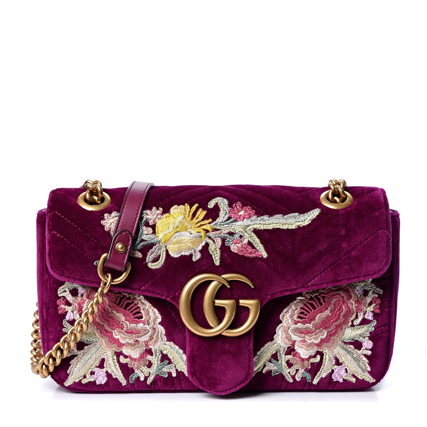 Velvet Matelasse Embroidered Small GG Marmont Shoulder Bag Fuchsia Violet Cyclamen