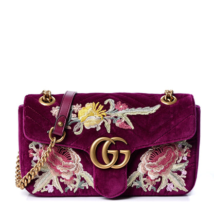 Gucci Velvet Matelasse Embroidered Small GG Marmont Shoulder Bag Fuchsia Violet Cyclamen 1 of 9