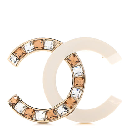 Chanel Resin Crystal Baguette CC Brooch Gold White 1 of 5