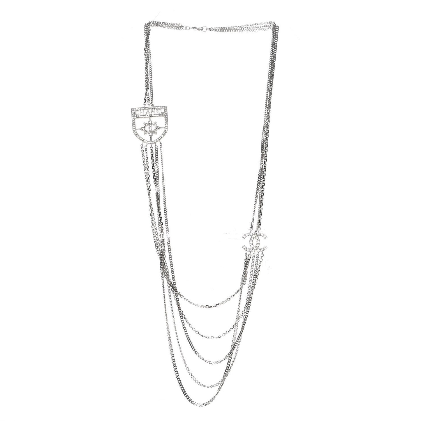 Baguette Crystal CC Shield Multi Strand Long Chain Necklace Silver