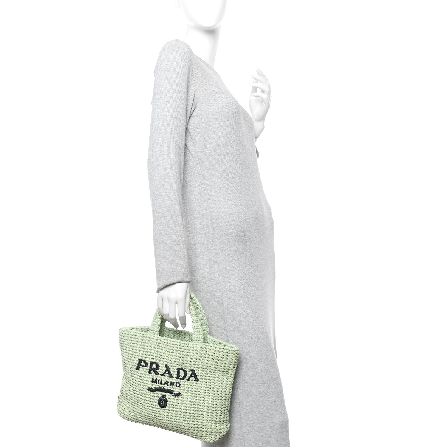 Prada Yarn Raffia Effect Crochet Small Logo Tote Acqua 2 of 11