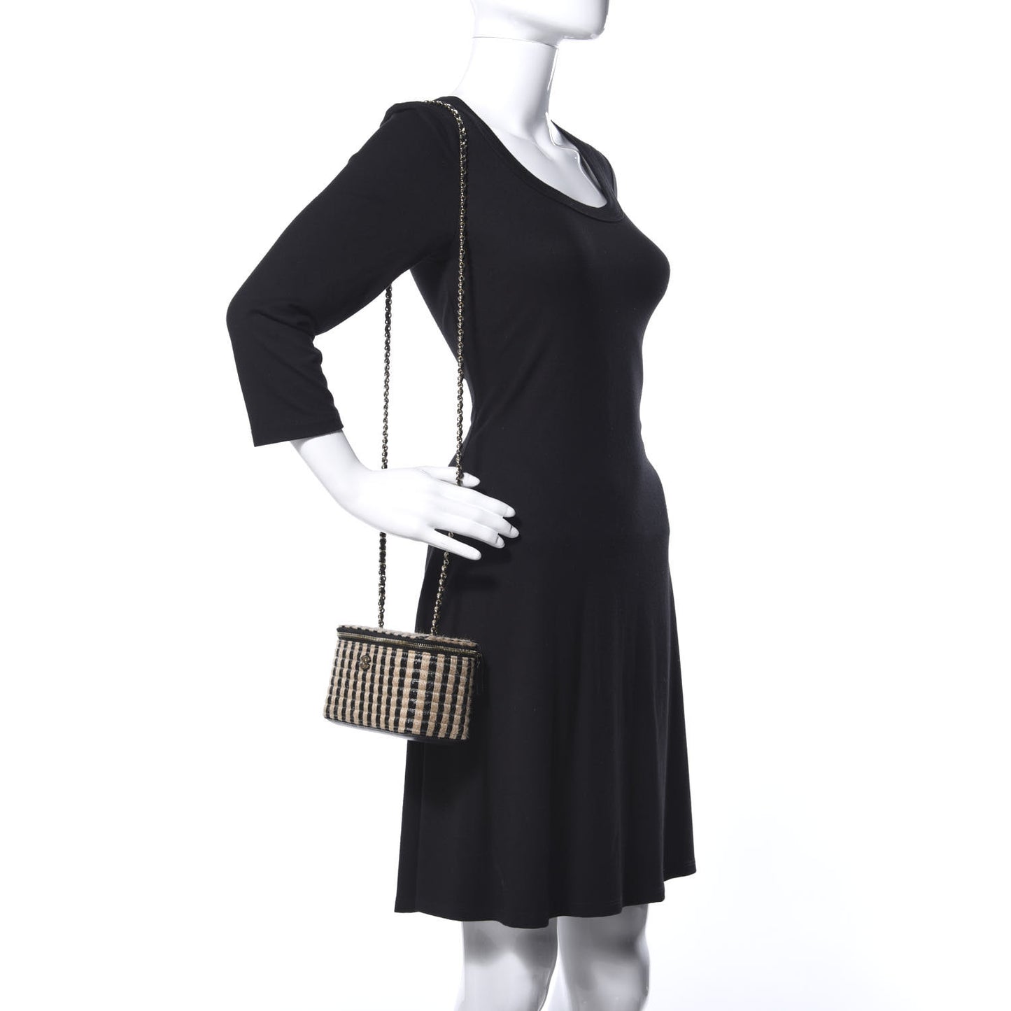 Raffia Jute Striped Small Vanity Case With Chain Black Beige