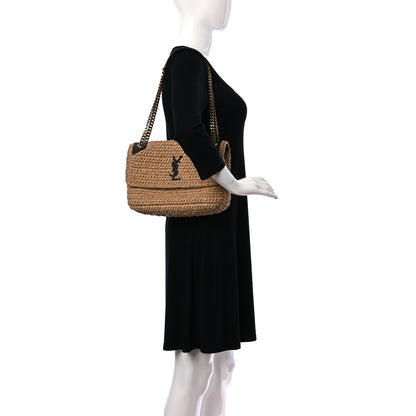 Saint Laurent Raffia Calfskin Monogram Medium Niki Chain Satchel Natural 2 of 12