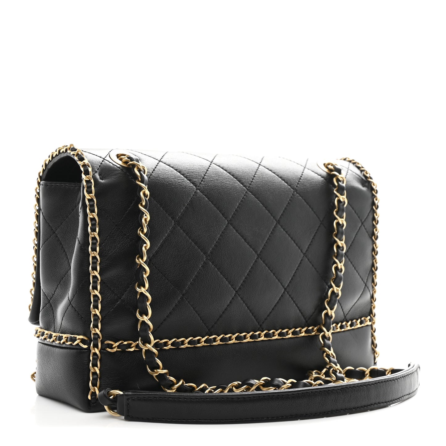Calfskin Stitched Chain Flap Black