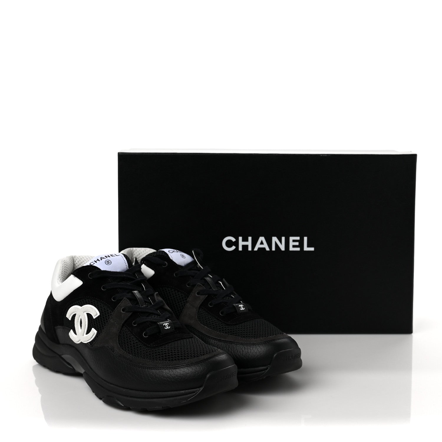 Chanel Mesh Suede Calfskin Grained Calfskin Mens CC Sneakers 45 Black White 7 of 7