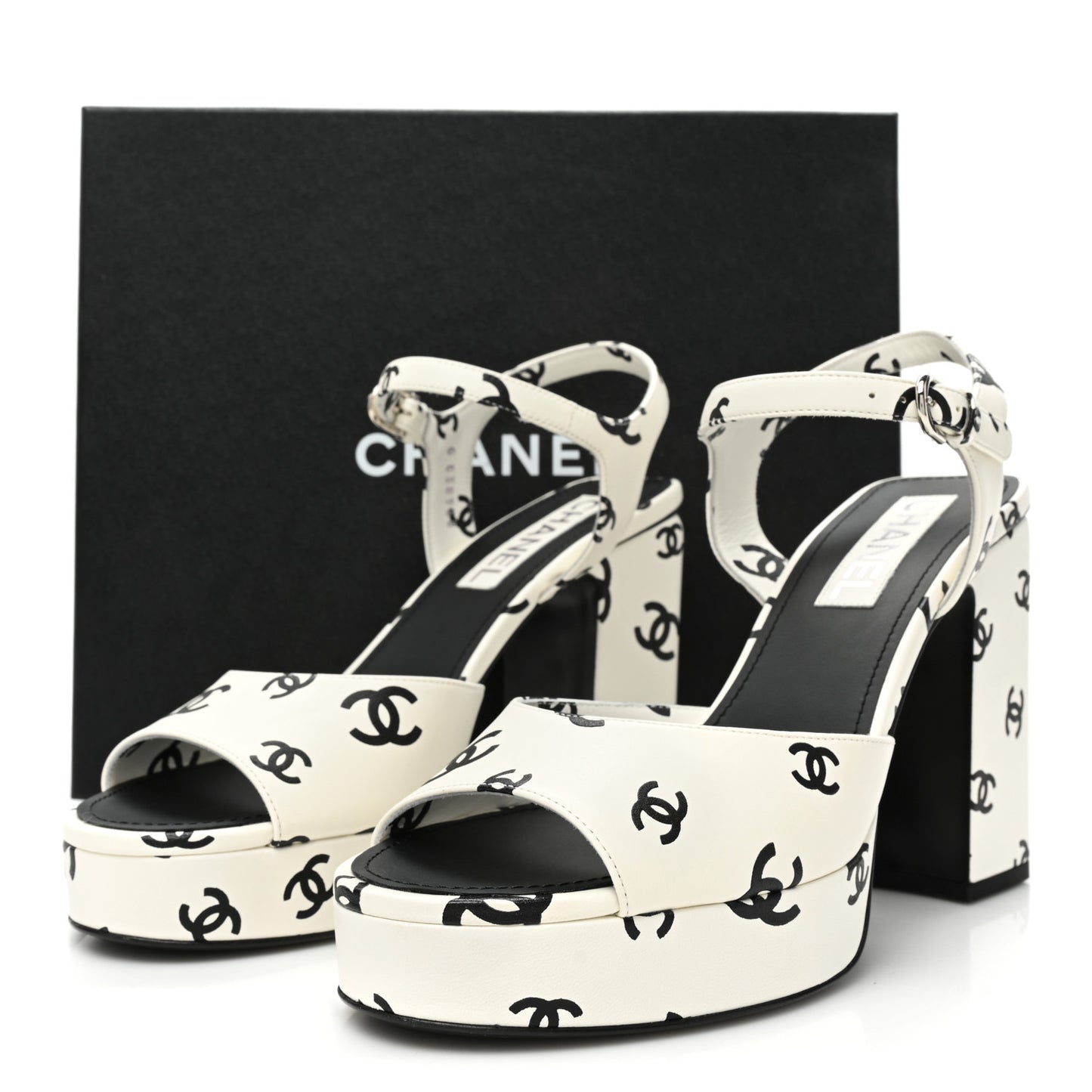 Printed Lambskin CC Platform Sandals 41 White Black