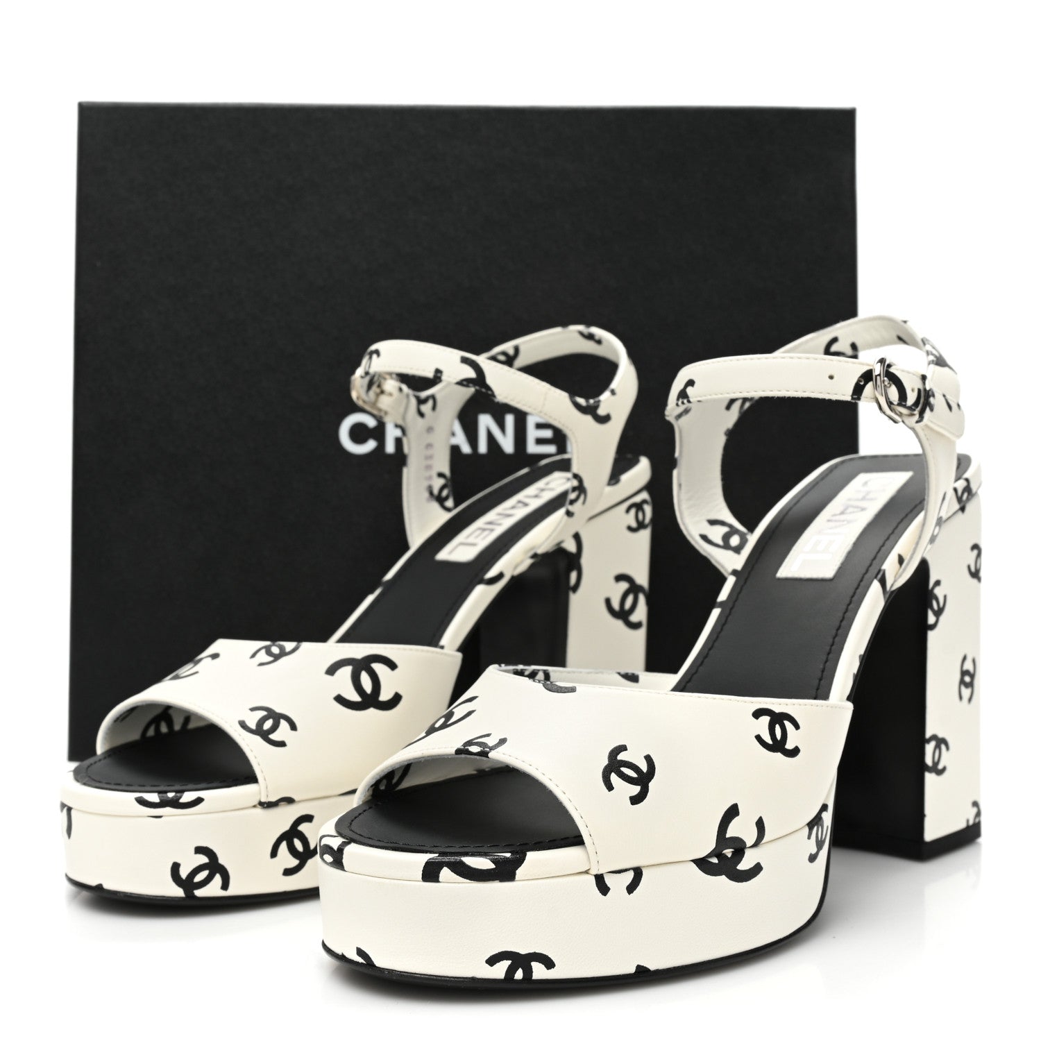 Chanel Printed Lambskin CC Platform Sandals 41 White Black 11 of 11