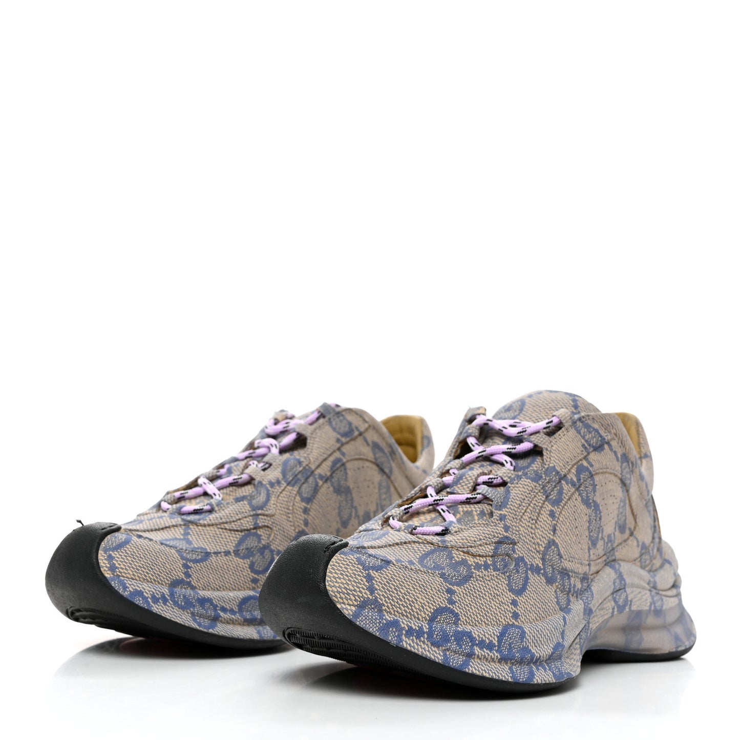 Ultralight Plume Calfskin Monogram Printed Womens Gucci Run Sneakers 37.5 Beige Blue