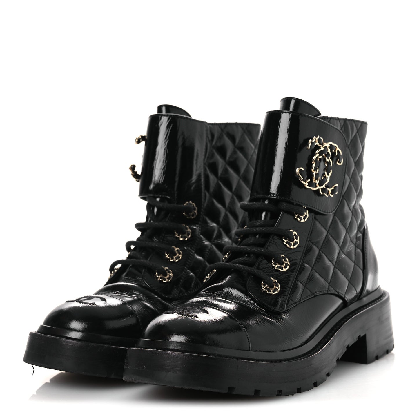 Shiny Calfskin Quilted Lace Up Combat Boots 37 Black