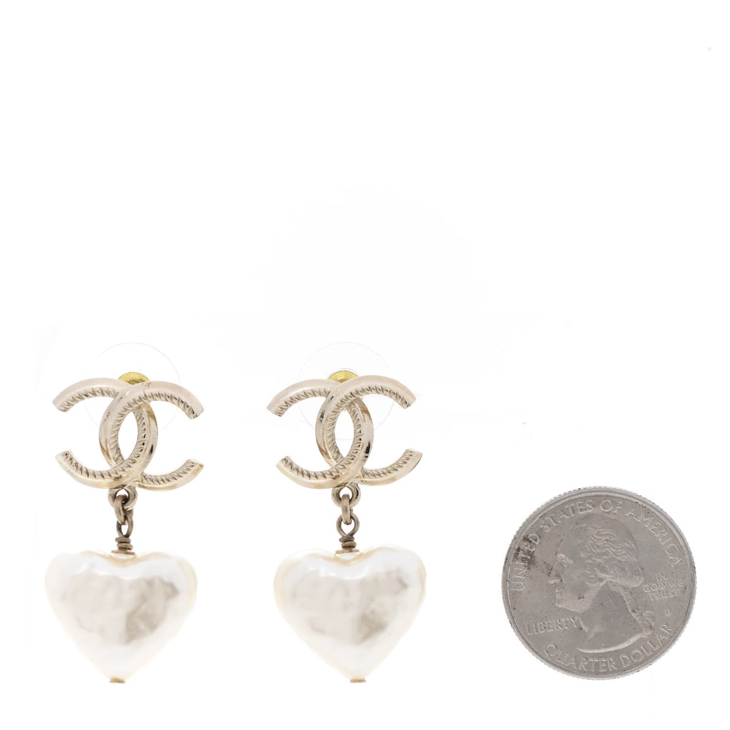 Pearl CC Heart Drop Earrings Gold
