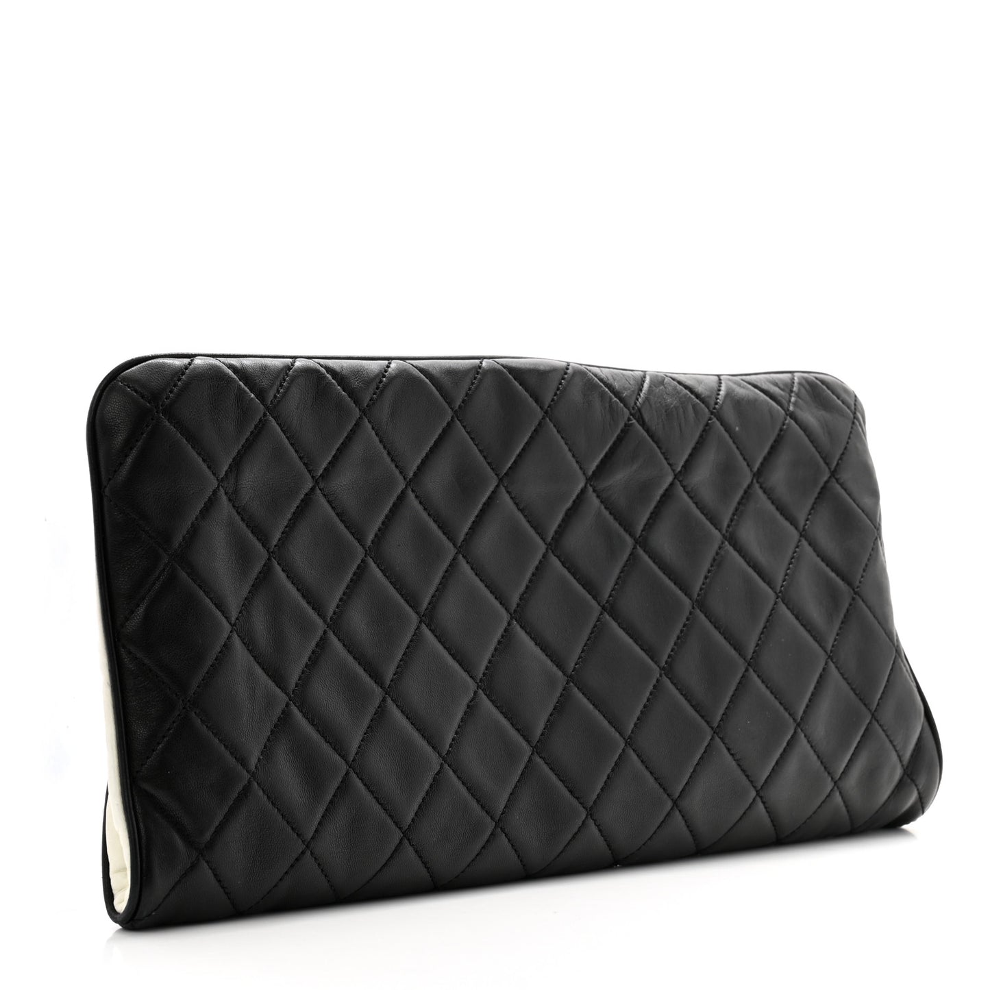 Lambskin Quilted Pearl Kiss Lock Clutch Black White