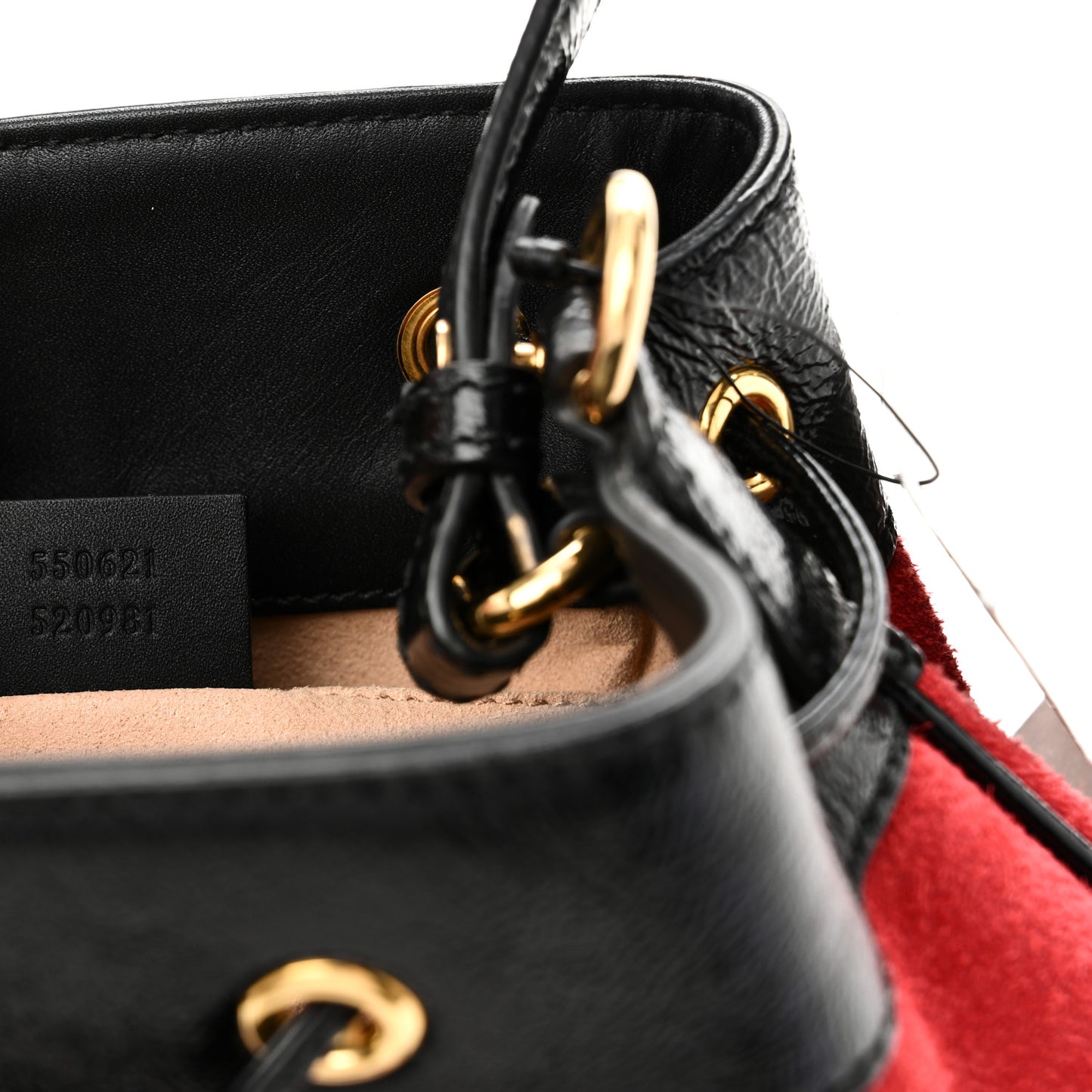 Suede Patent Web Small Ophidia Bucket Bag Hibiscus Red Black