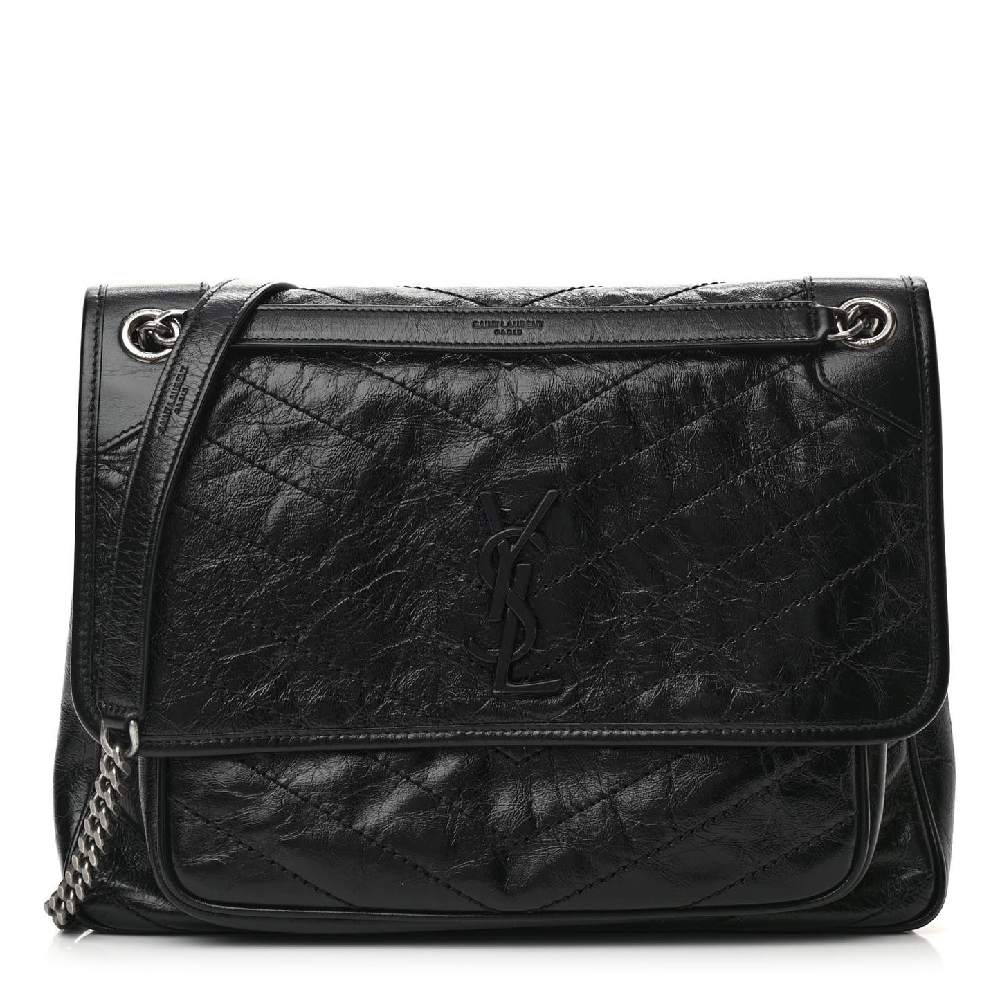 Crinkled Calfskin Matelasse Monogram Medium Niki Chain Satchel Black