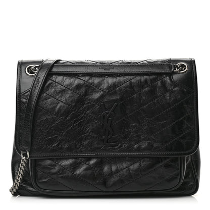 Saint Laurent Crinkled Calfskin Matelasse Monogram Medium Niki Chain Satchel Black 1 of 10