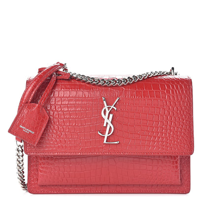 Saint Laurent Calfskin Crocodile Embossed Medium Monogram Sunset Rouge Eros 1 of 12