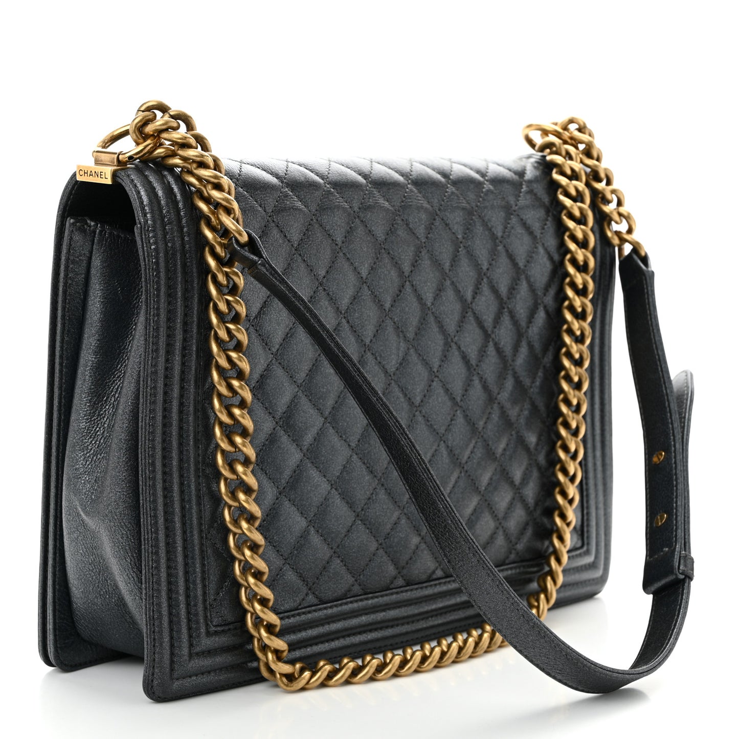 Metallic Calfskin Quilted Large Boy Flap Dark Grey