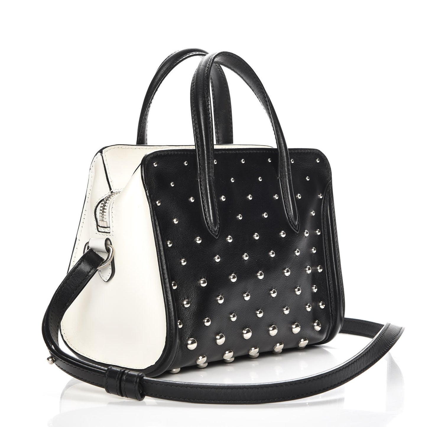 Calfskin Studded Small Padlock Tote Black White