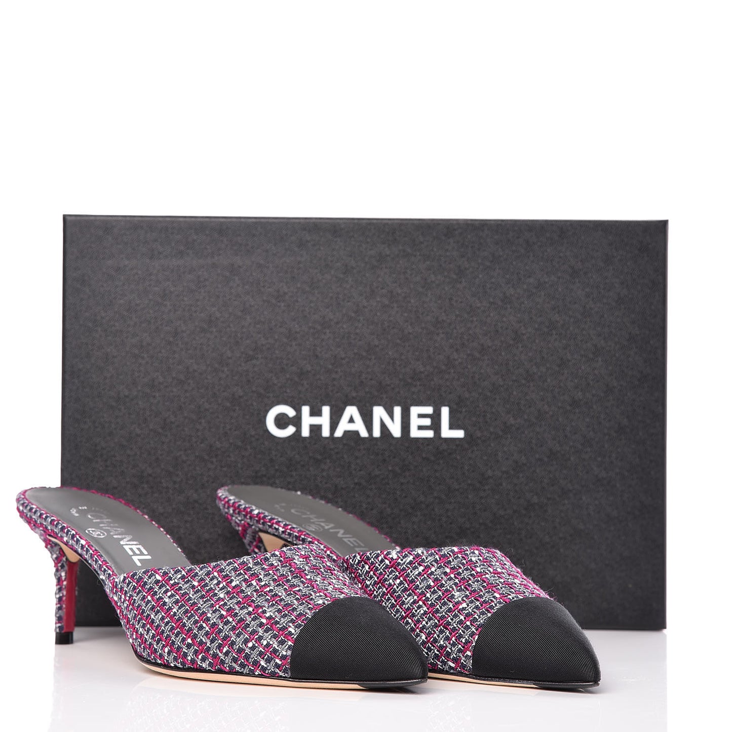 Tweed Grosgrain CC Mules 39 Purple Navy Grey Black
