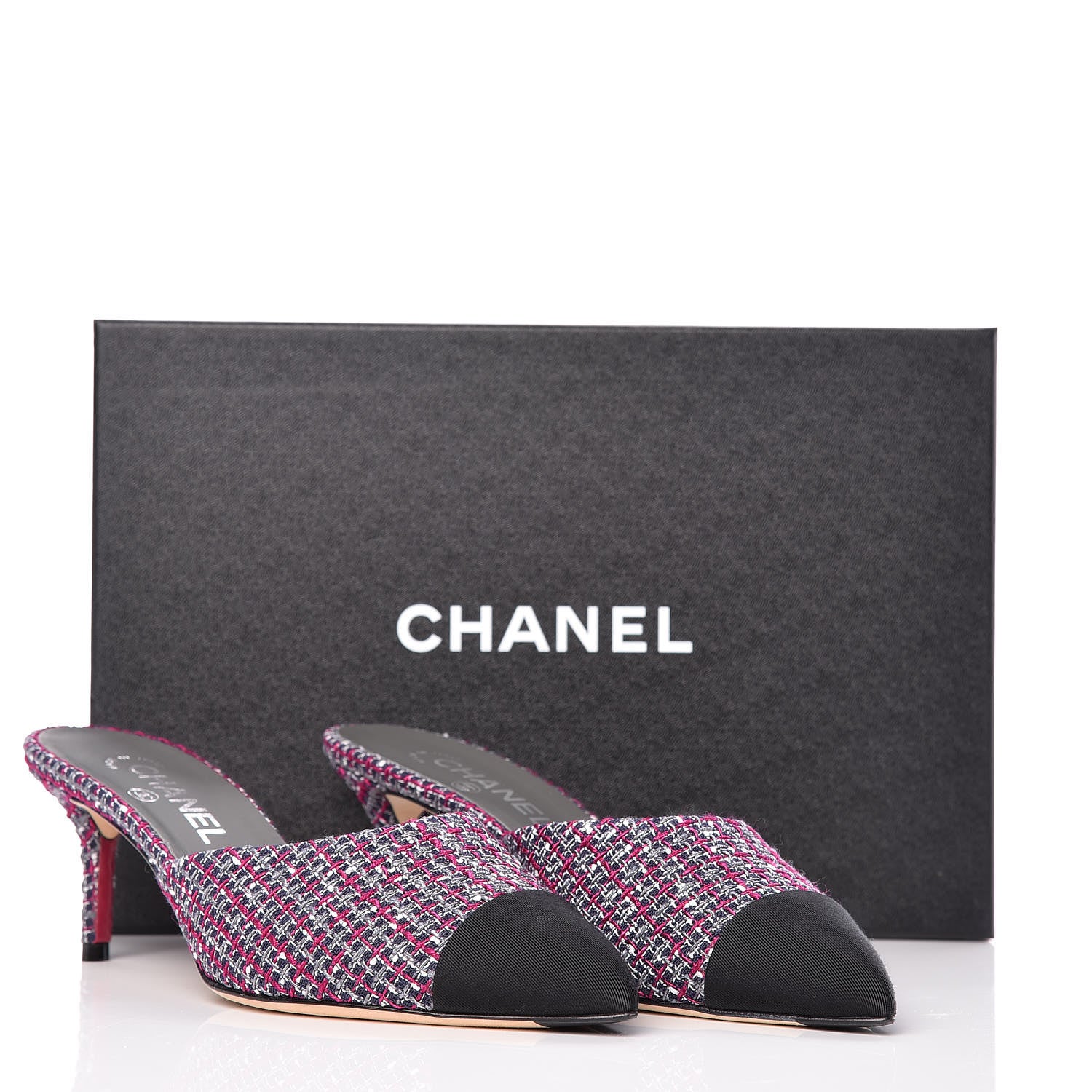 Chanel Tweed Grosgrain CC Mules 39 Purple Navy Grey Black 18 of 18