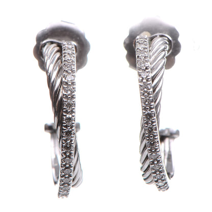 David Yurman Sterling Silver 18K White Gold Diamond 24mm Crossover Cable Hoop Earrings Small 1 of 4