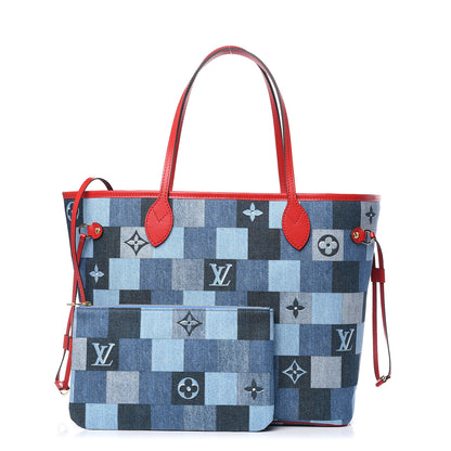 Louis Vuitton Denim Damier Monogram Patchwork Neverfull Blue Rouge 1 of 9