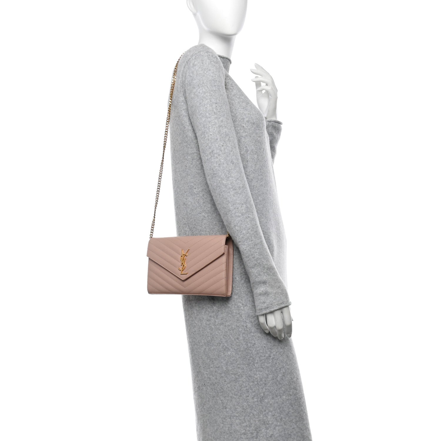Saint Laurent Grain De Poudre Matelasse Chevron Monogram Chain Wallet Pale Pink 2 of 13