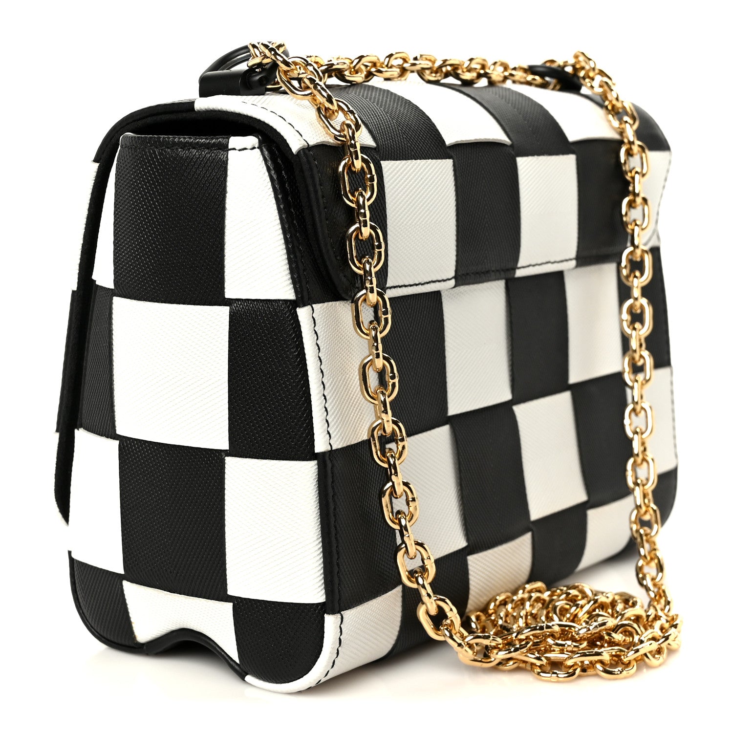 Louis Vuitton Calfskin Damier Tressage Twist Shoulder Bag MM Black White 3 of 10