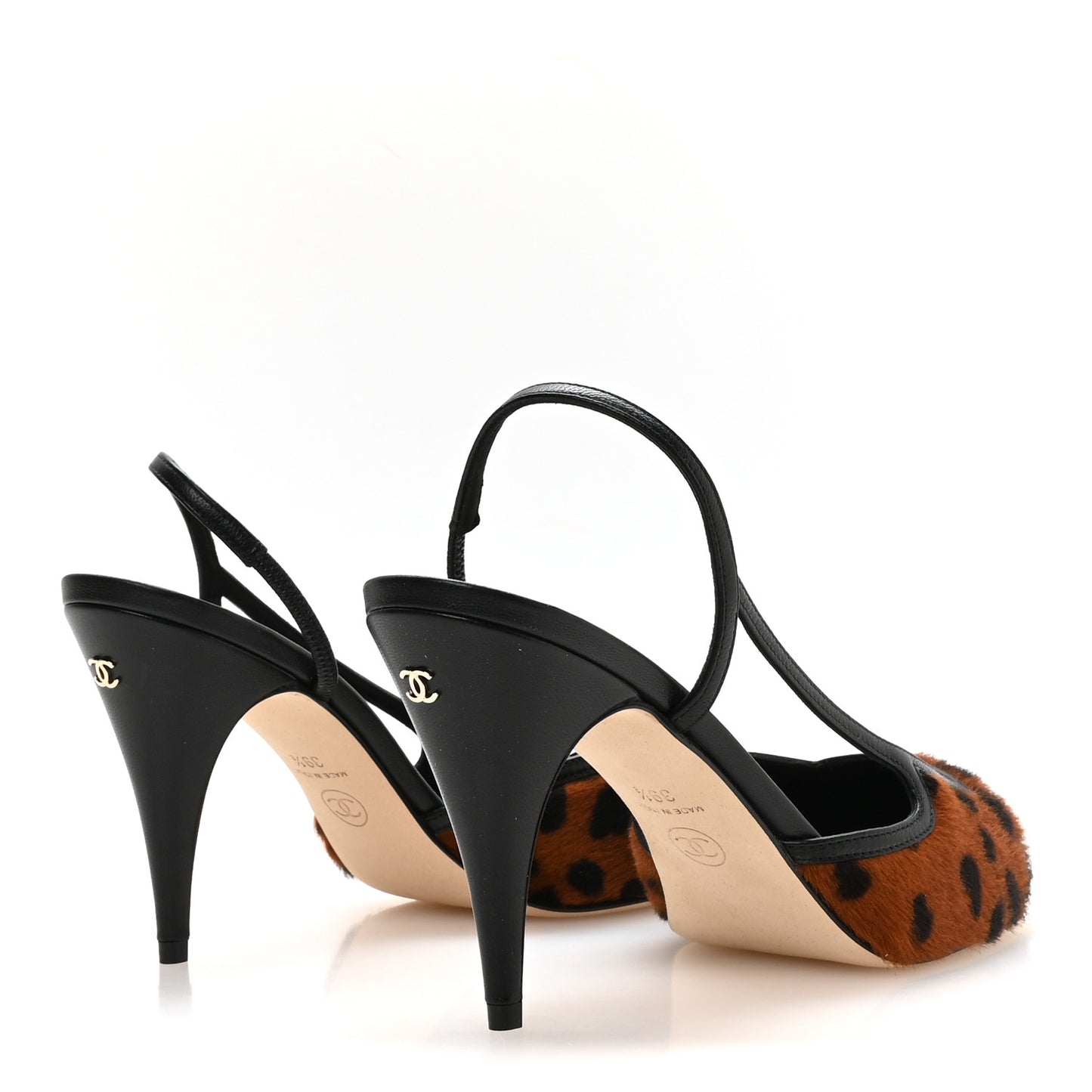 Lambskin Mixed Fibers Cap Toe CC Slingback Pumps 39.5 Brown Black White
