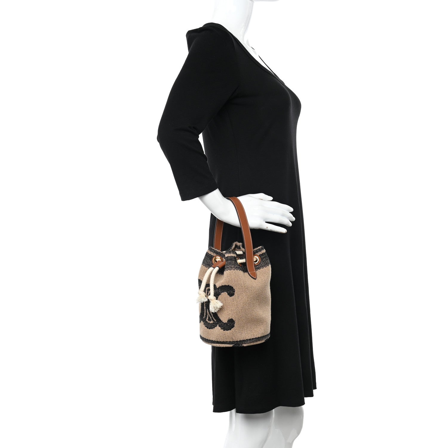 Celine Canvas Calfskin Triomphe Teen Drawstring Bag White Black 2 of 9