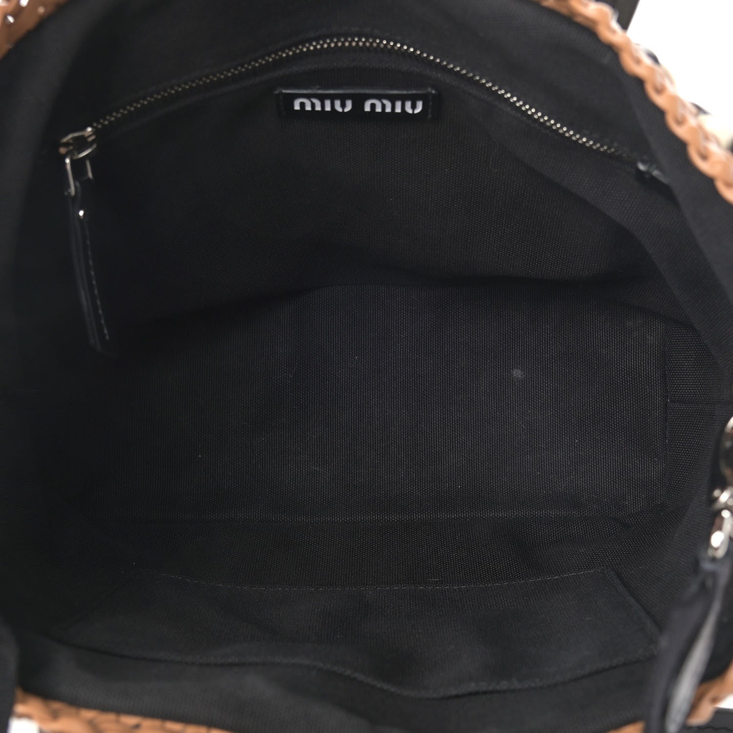 Miu Miu Polyurethane Calfskin Woven Bi-Color Tote Beige Black 9 of 14