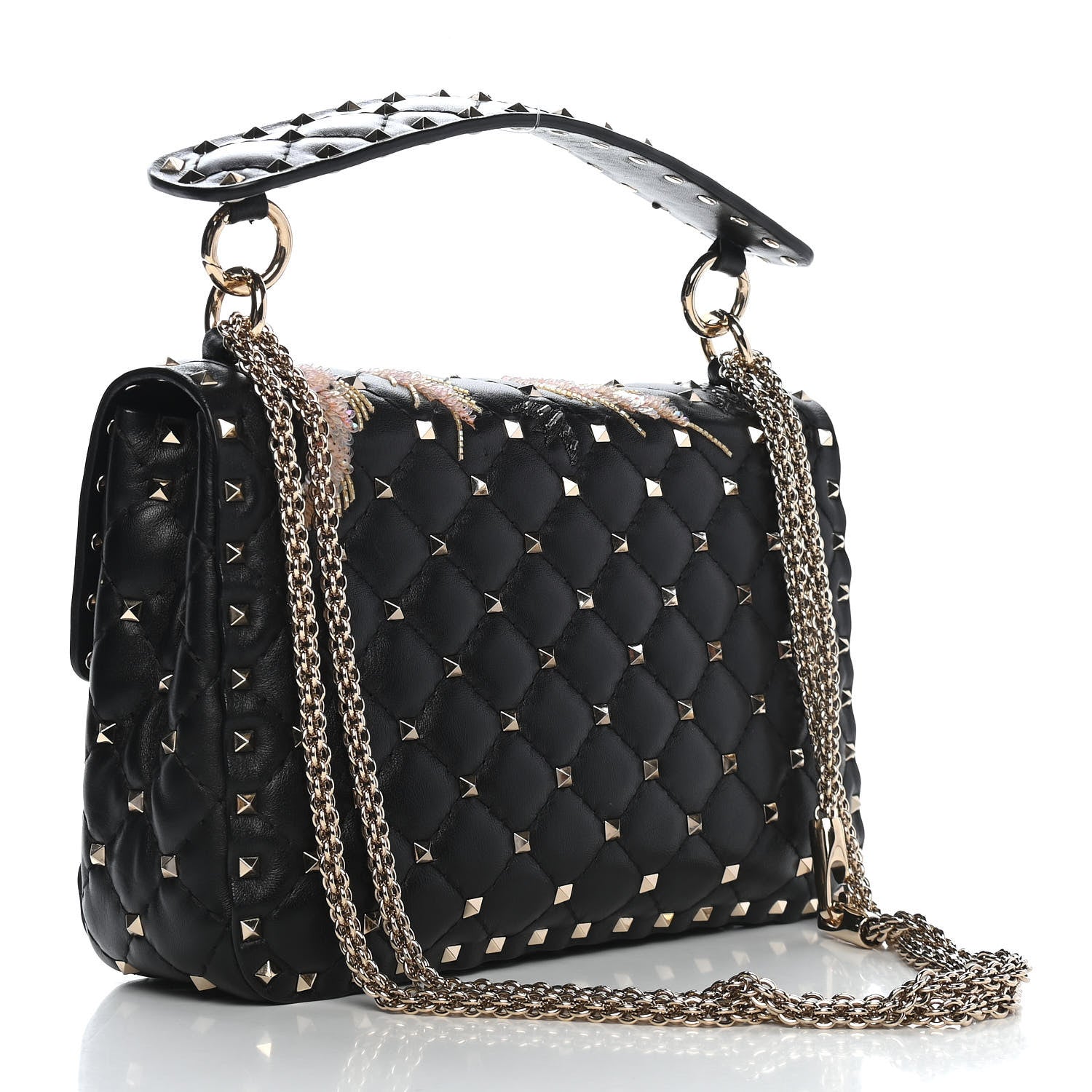 Valentino Garavani Lambskin Medium Floral Embellished Rockstud Spike Shoulder Bag Black 3 of 9