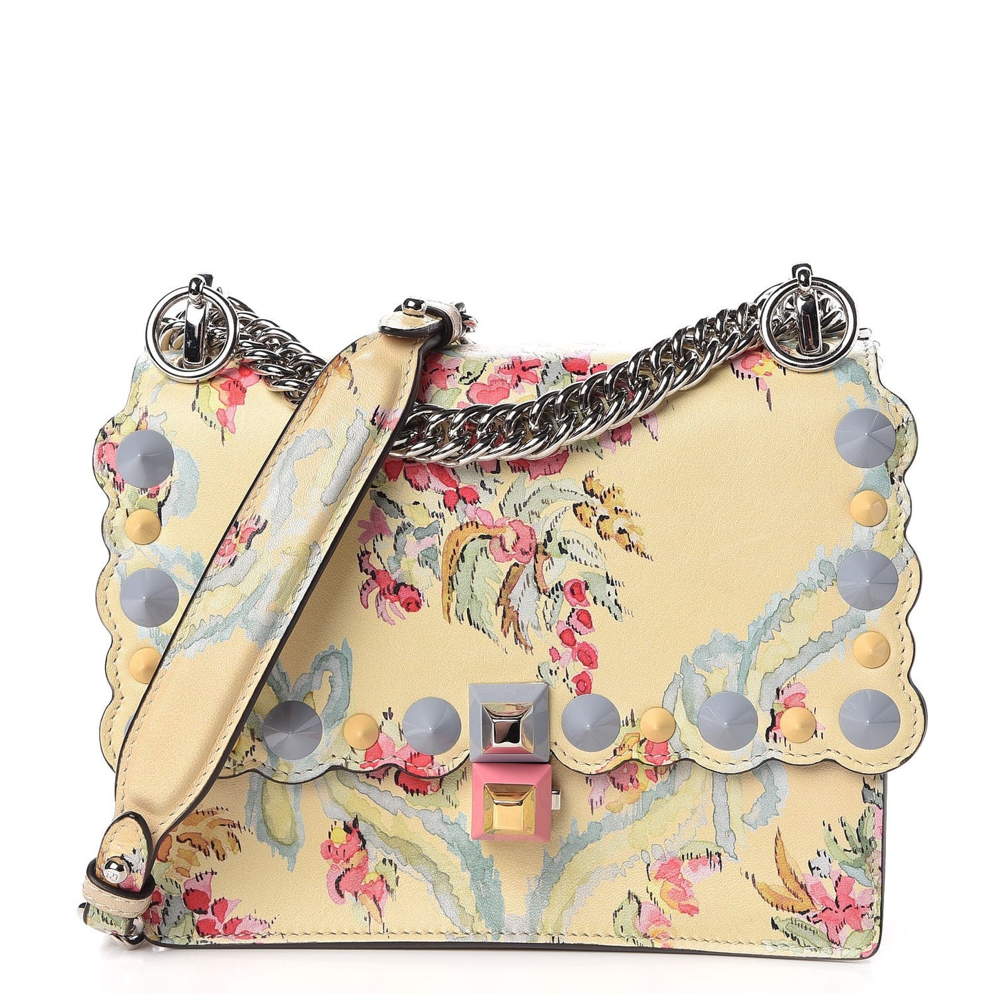 Vitello Marie Antoinette Print Scalloped Mix Studded Small Kan I Shoulder Bag Panna Multicolor