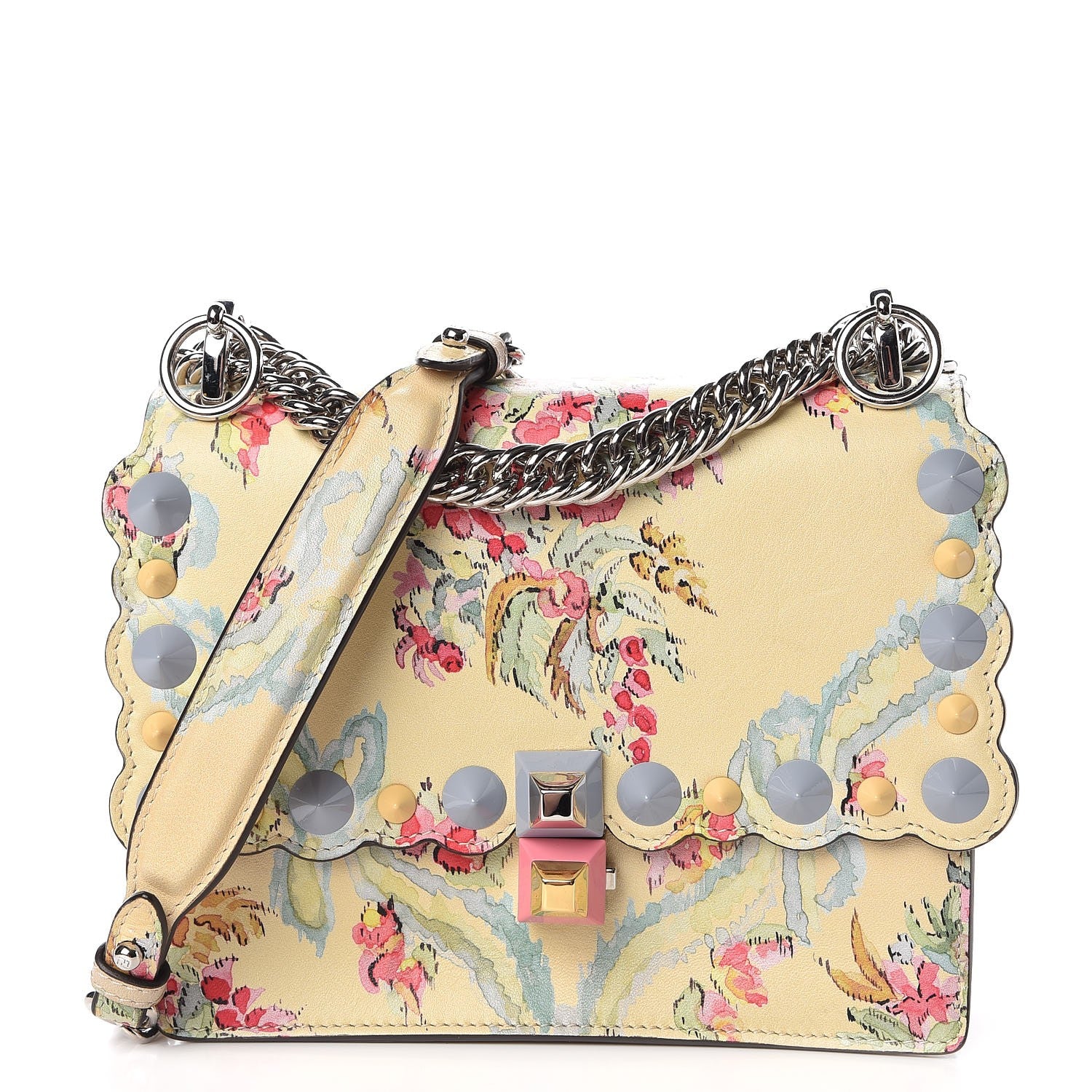 Fendi Vitello Marie Antoinette Print Scalloped Mix Studded Small Kan I Shoulder Bag Panna Multicolor 1 of 9
