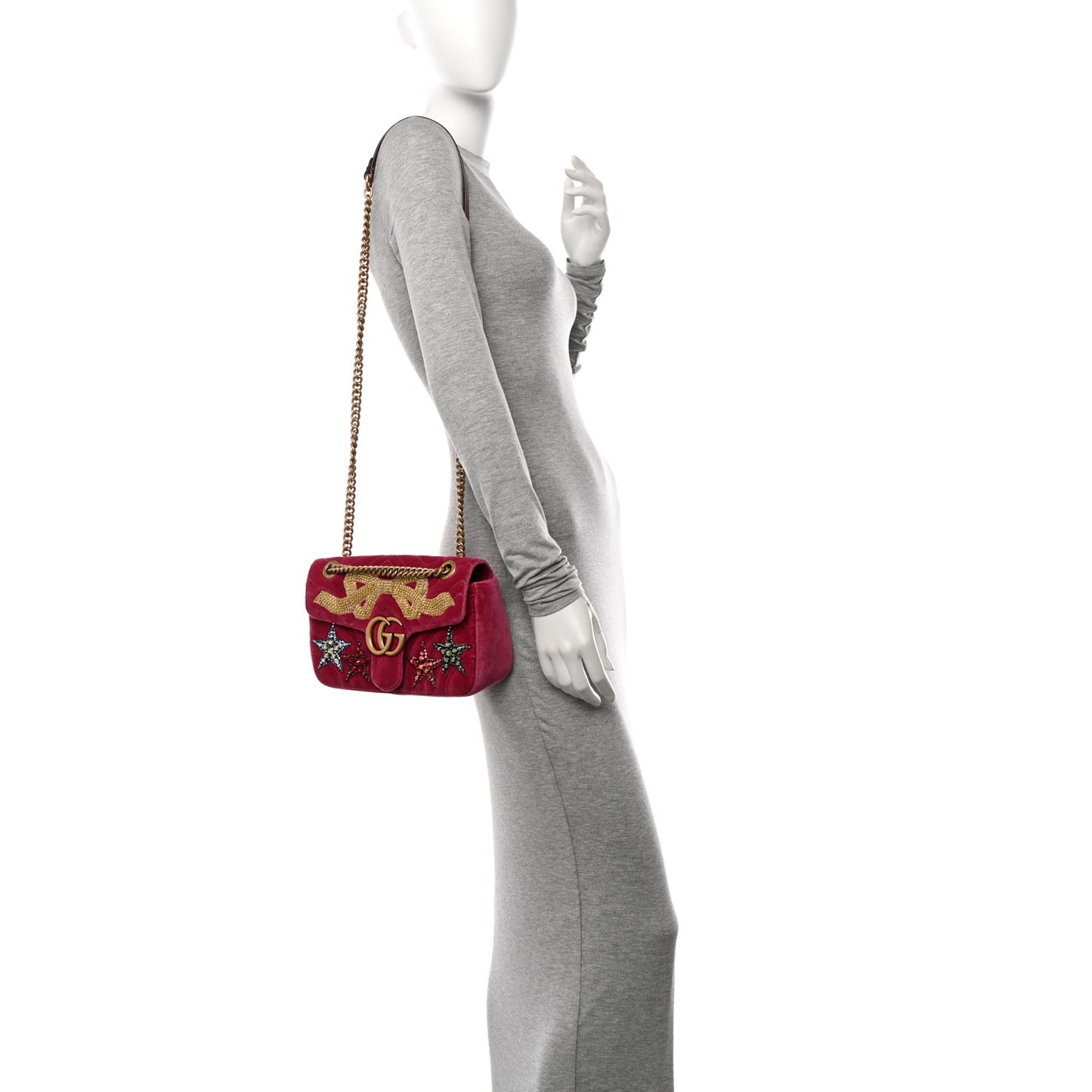 Velvet Matelasse Bow Embroidered Small GG Marmont Shoulder Bag Raspberry Rose